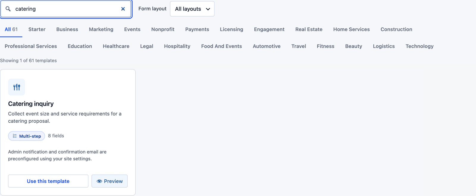 Core Forms template gallery searched for catering, showing the Catering inquiry template with its Multi-step badge