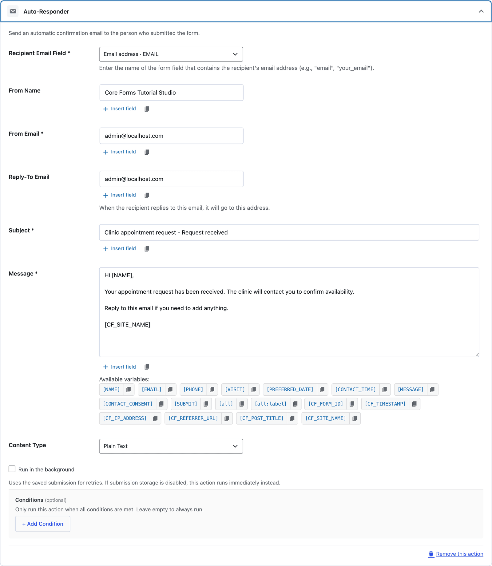 The Auto-Responder action for the clinic form, sending the acknowledgement to the EMAIL field