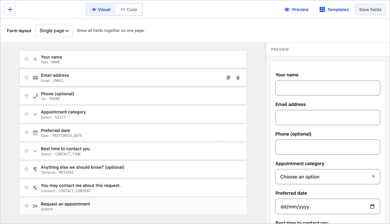 Core Forms builder for the clinic form with the layout set to Single page, showing all 8 fields in one column