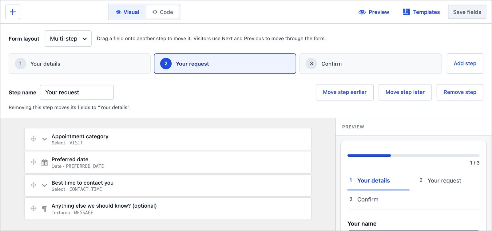 Core Forms builder for the Clinic appointment request form with the Your request step selected, showing appointment category, preferred date, contact time and message fields