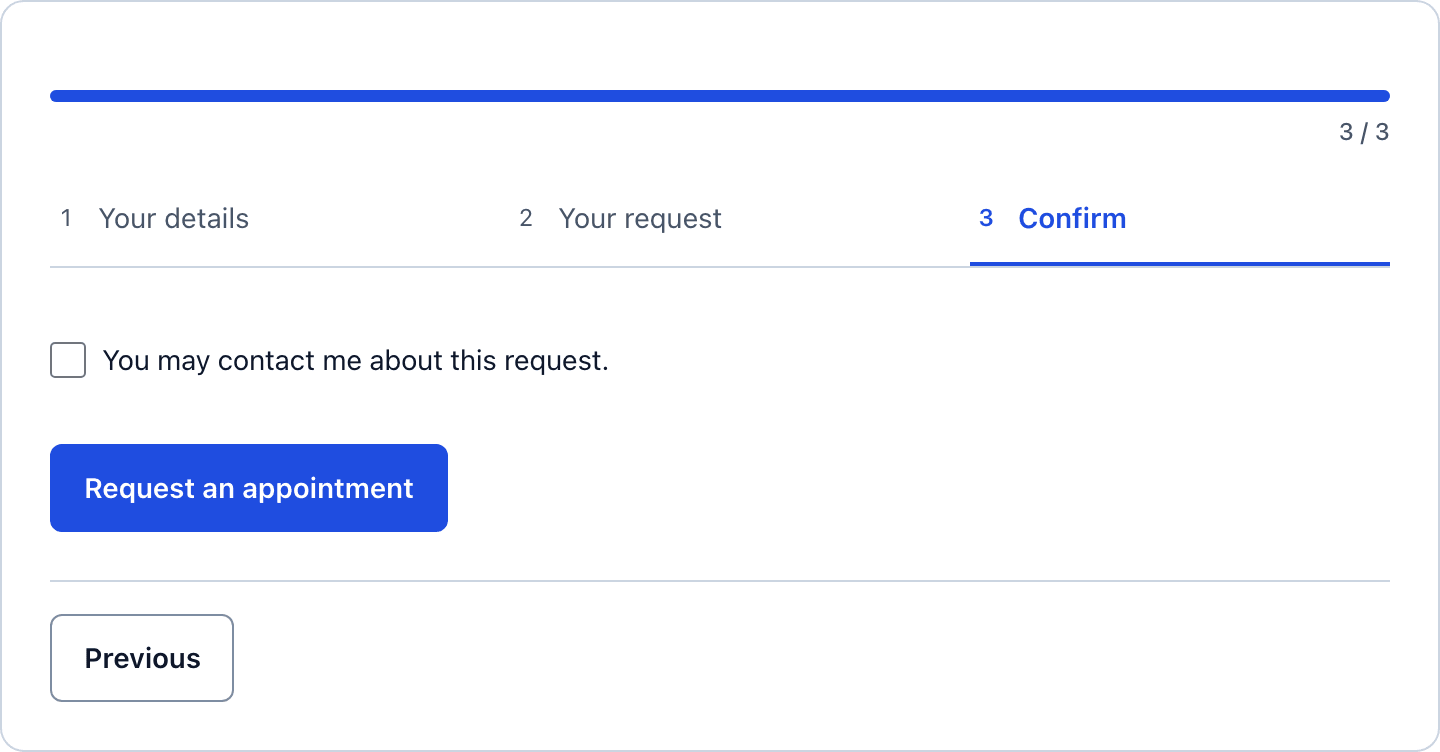 The Confirm step of the clinic appointment request form with the contact consent checkbox and the Request an appointment button