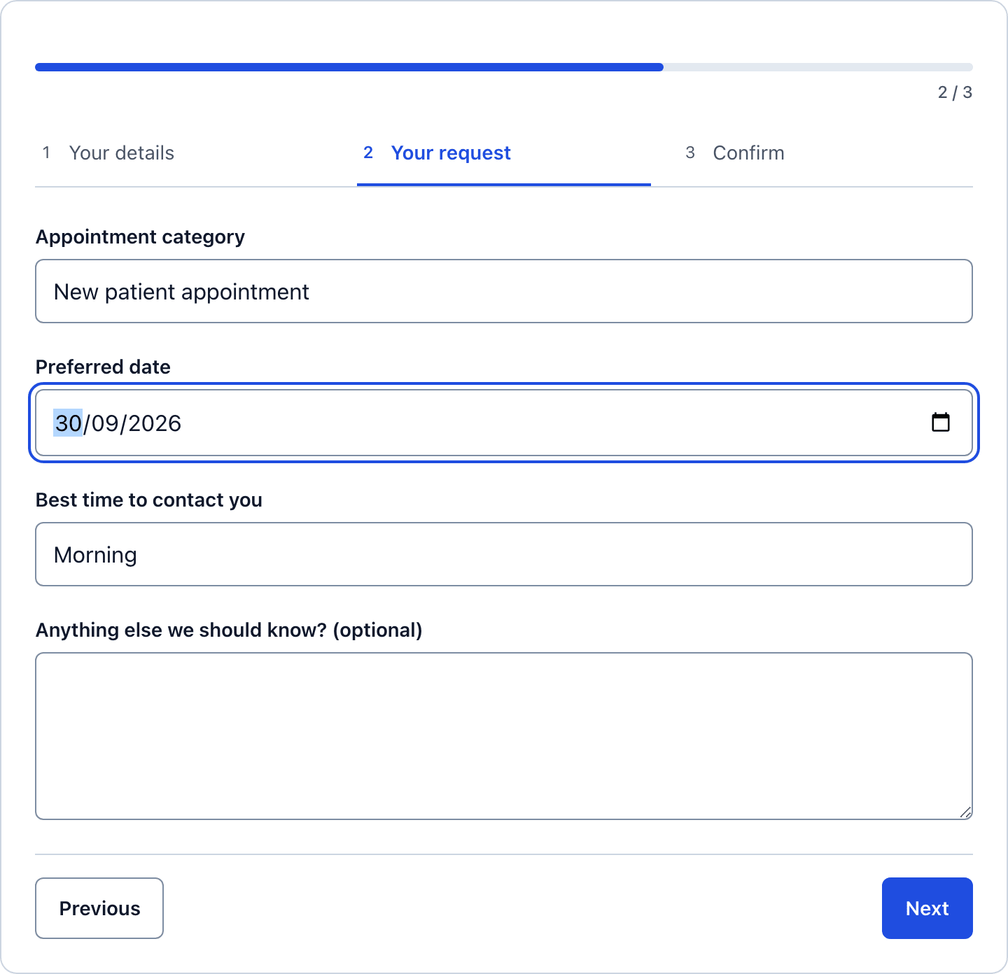Step 2 of the clinic appointment request form with the appointment category, preferred date and best time to contact fields