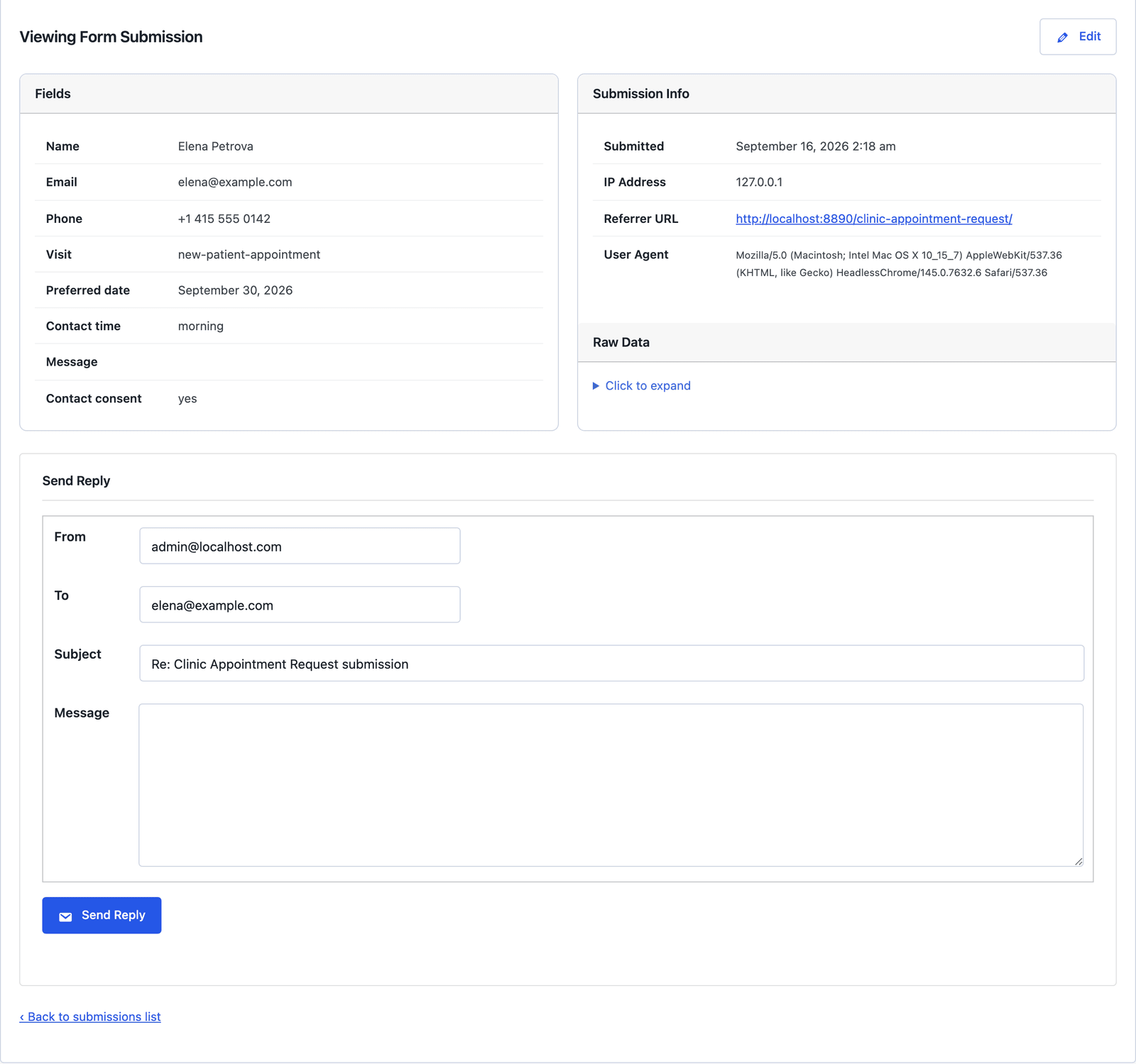 A single clinic appointment request showing the request fields, submission info and the Send Reply box