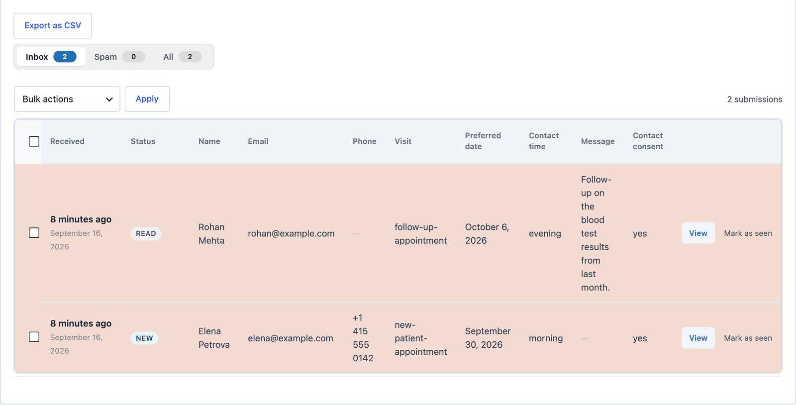 Core Forms Submissions tab for the clinic form showing a new patient request for a morning call and a follow-up request for an evening call
