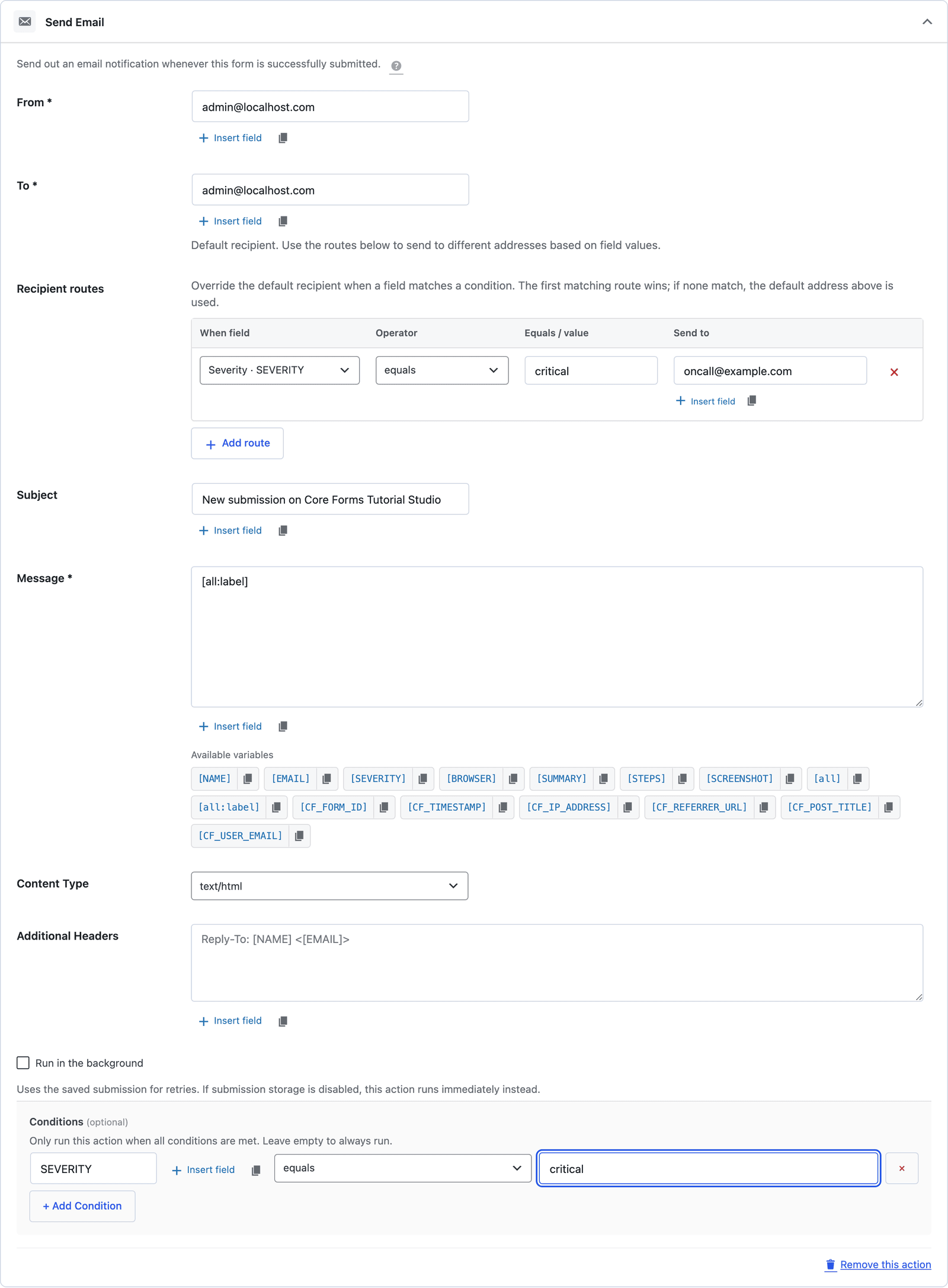A Send Email action on a bug report form with one condition at the bottom, SEVERITY equals critical