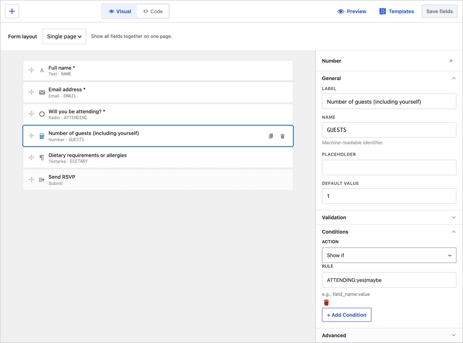 The Core Forms builder with the guest count field selected and its Conditions panel showing Show if with the rule ATTENDING:yes|maybe