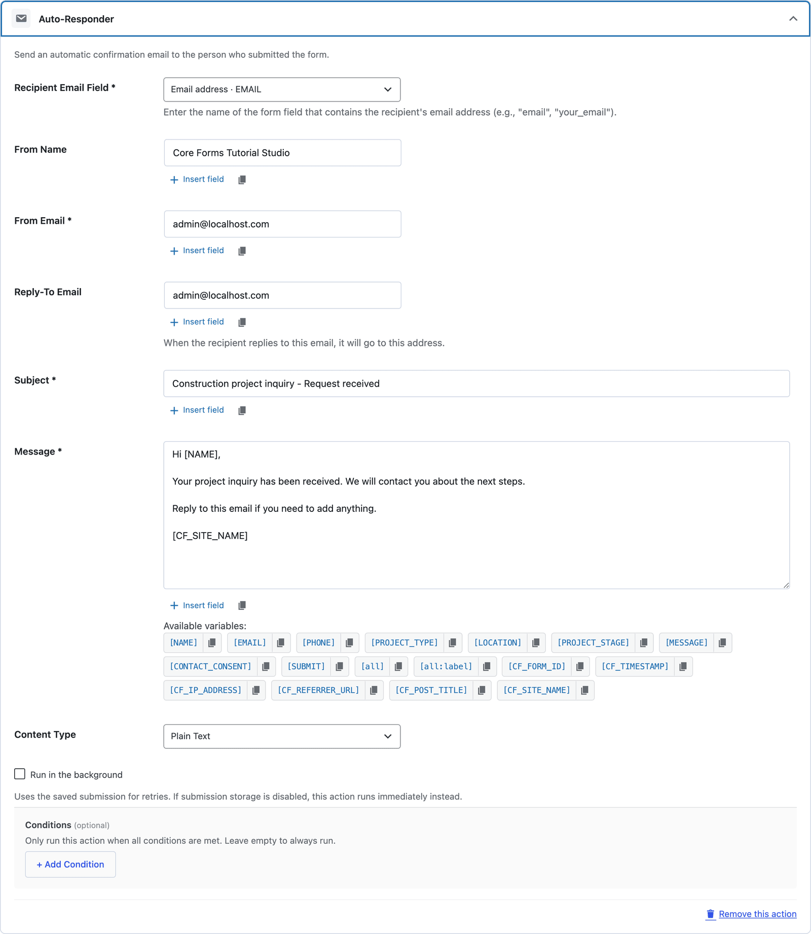 The Auto-Responder action for the construction form, sending the acknowledgement to the EMAIL field
