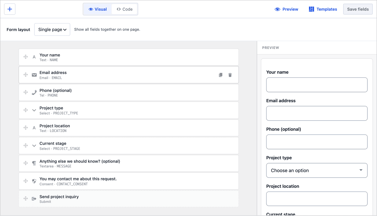 Core Forms builder for the same construction form with the layout set to Single page, showing all 8 fields in one column