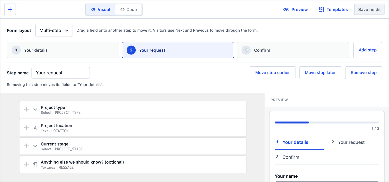 Core Forms builder for the Construction project inquiry form with the Your request step selected, showing project type, location, stage and message fields