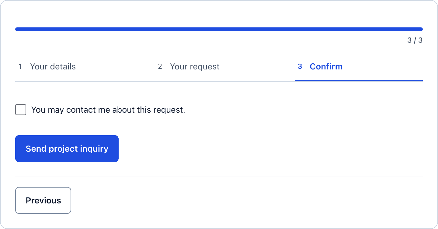 The Confirm step of the construction project inquiry form with the contact consent checkbox and the Send project inquiry button