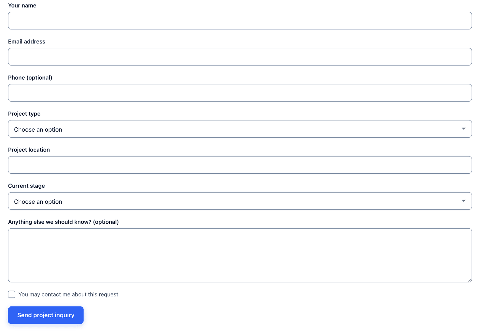 The construction project inquiry form on a single page with all fields visible