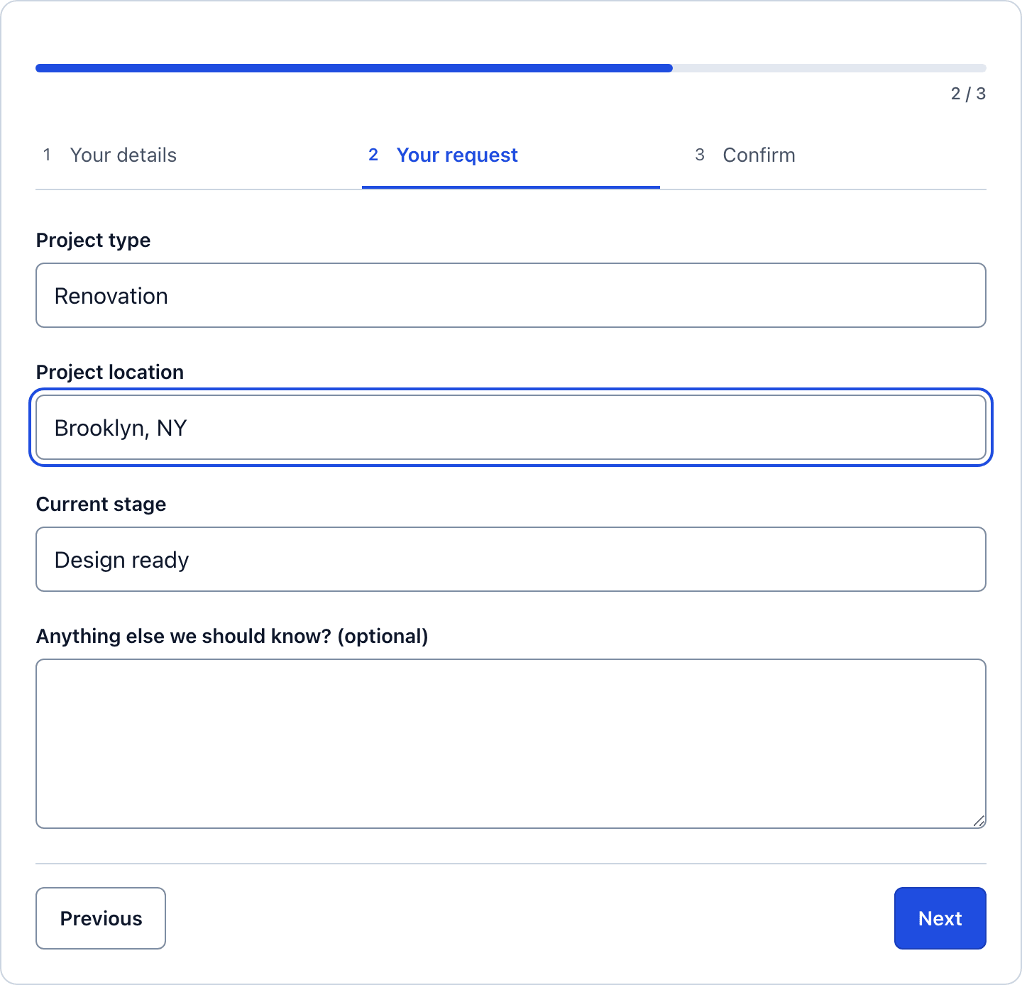 Step 2 of the construction project inquiry form with project type, location, stage and message fields