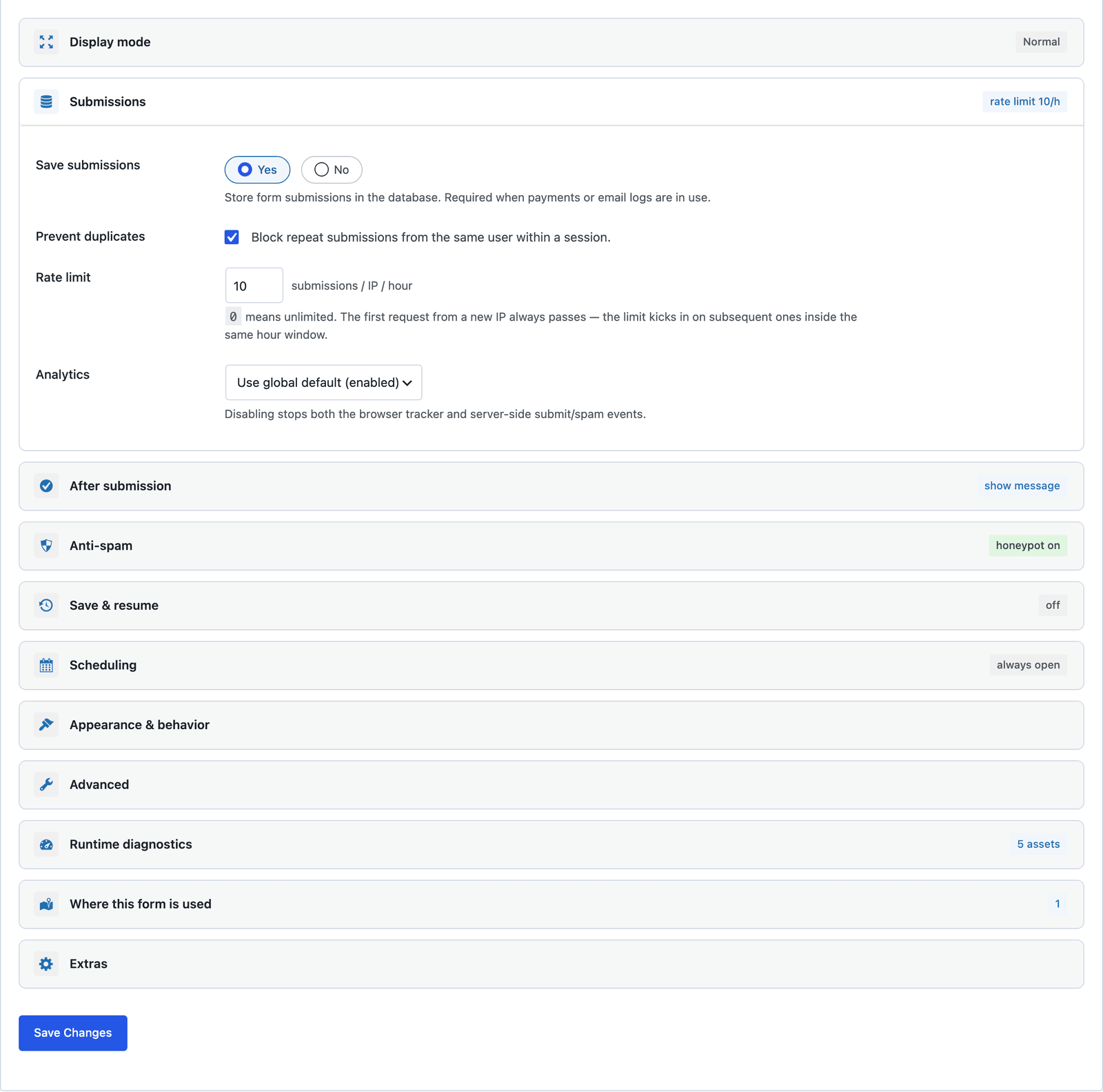 The Settings tab for the construction form showing save submissions on, prevent duplicates checked, a rate limit of 10 per hour and the honeypot on