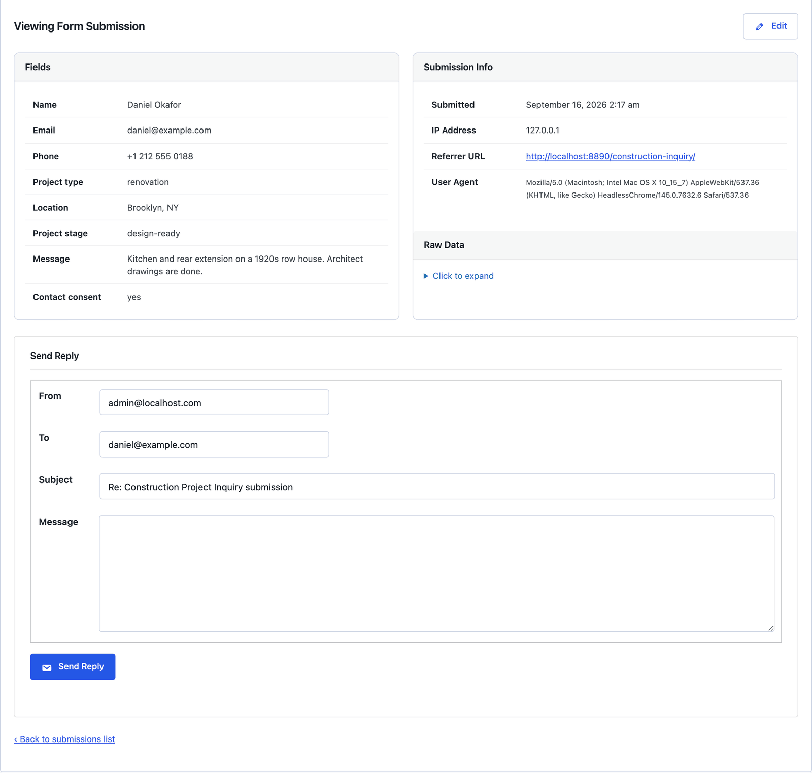 A single construction inquiry showing the project fields, submission info and the Send Reply box