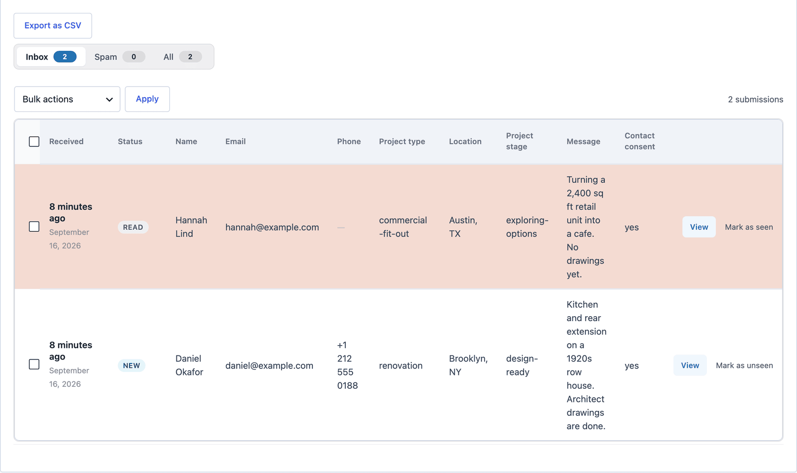 Core Forms Submissions tab for the construction form showing a renovation that is design ready and a commercial fit-out that is exploring options