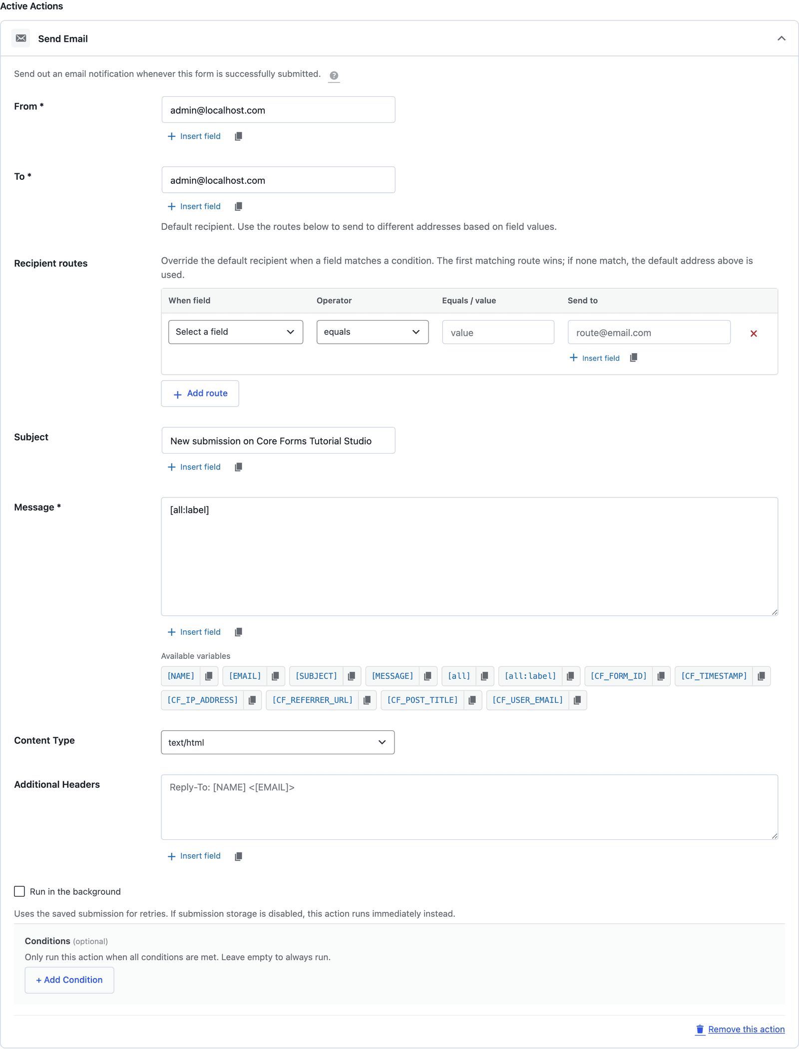 The Send Email action for the Contact form with the default from, to, subject, message and Reply-To header