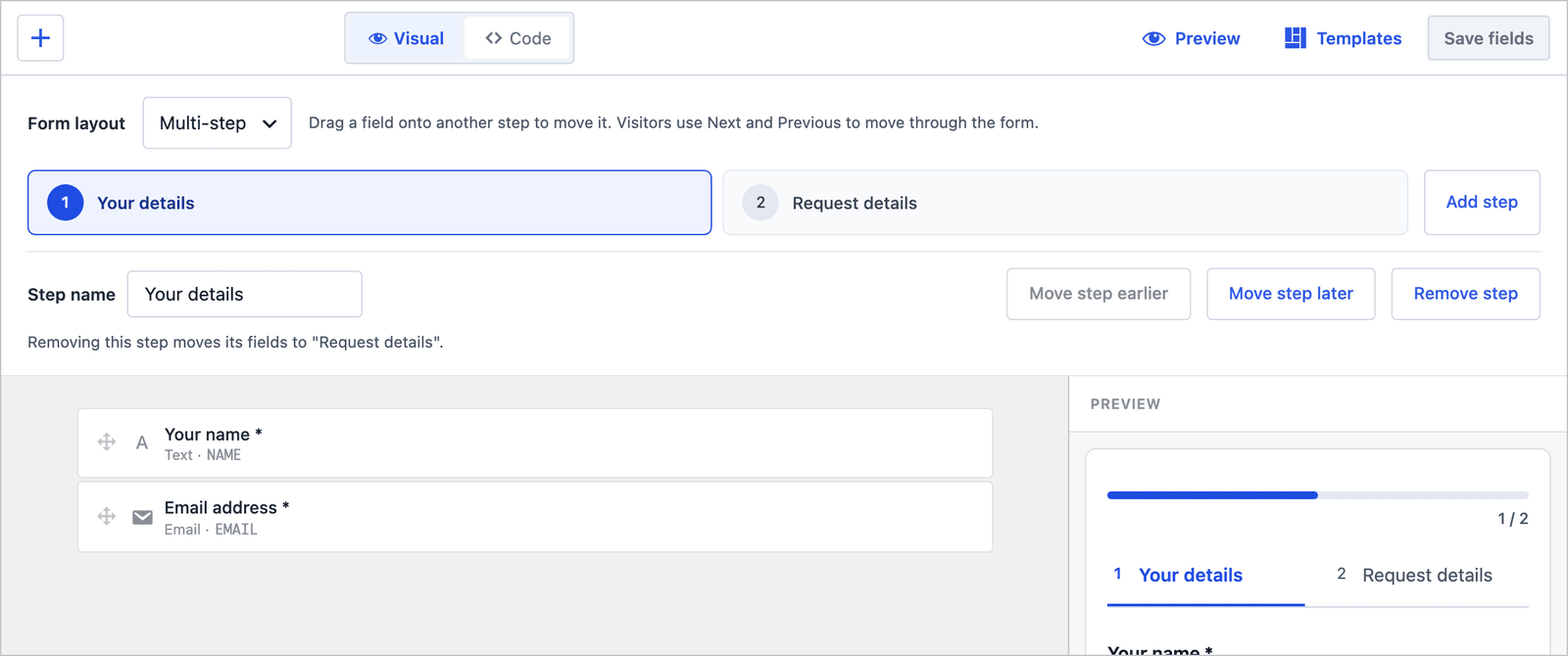 Core Forms builder for the multi-step Contact form with two steps, Your details and Request details