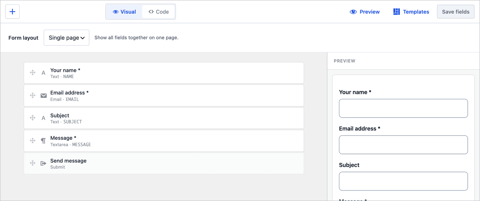 Core Forms builder for the Contact form showing name, email, subject and message fields with the live preview