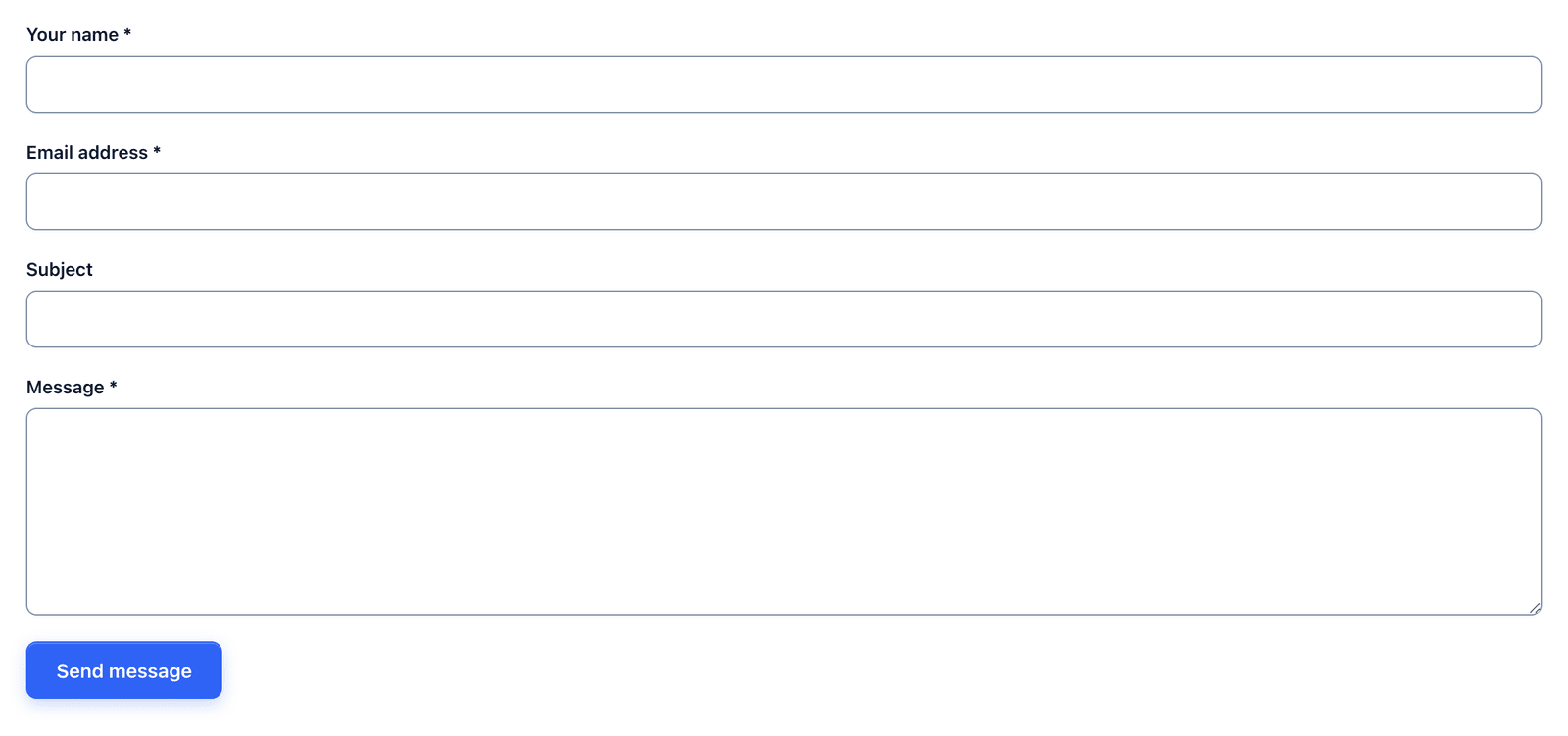 The contact form on a page with name, email, subject and message fields and a Send message button