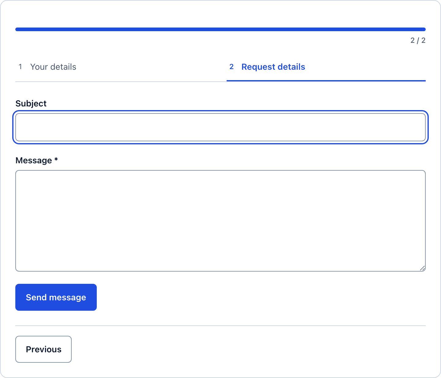 Step 2 of the multi-step contact form with the subject and message fields