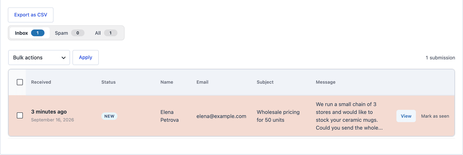 Core Forms Submissions tab for the Contact form showing a message with name, email, subject and text