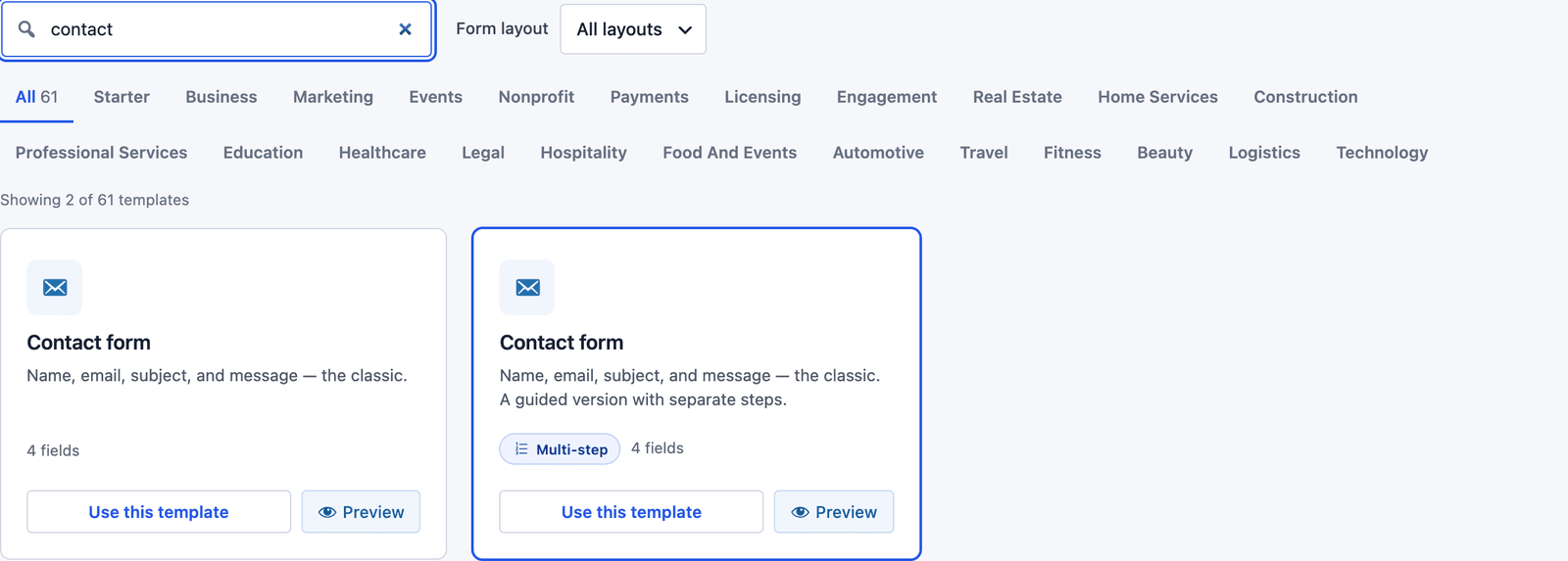 Core Forms template gallery searched for contact, showing the Contact form template and its multi-step version