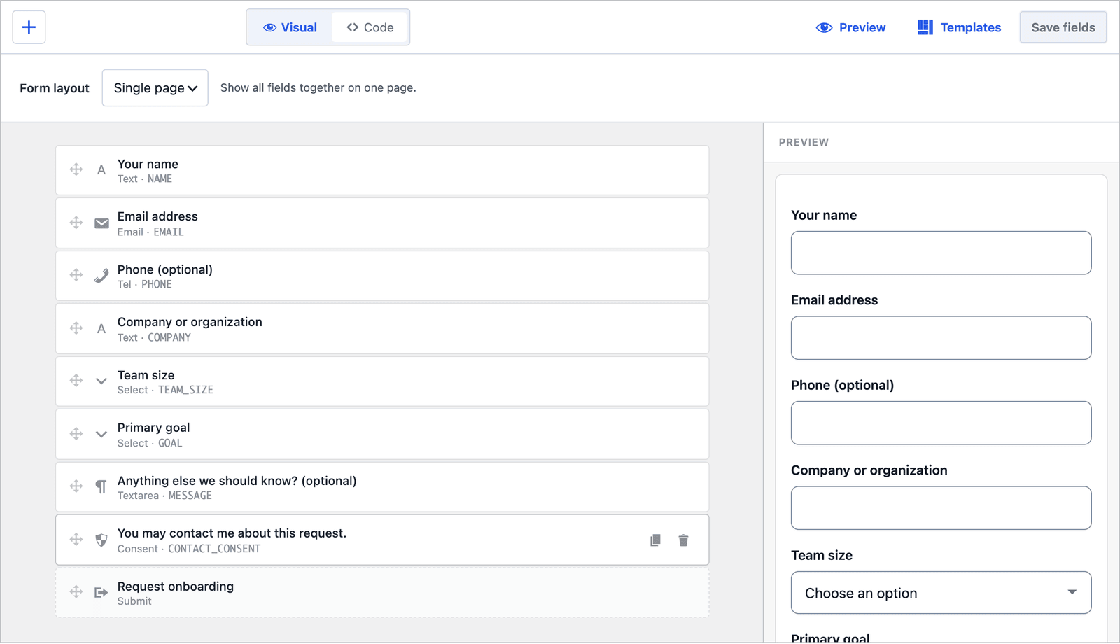 Core Forms builder for the demo request form with the layout set to Single page, showing all 8 fields in one column