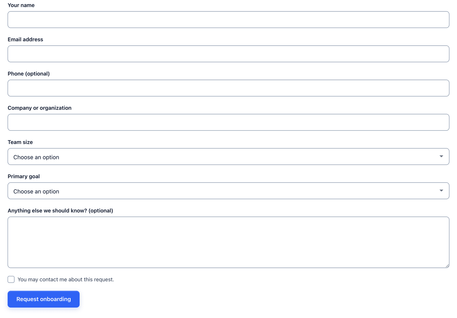 The demo request form on a single page with all fields visible