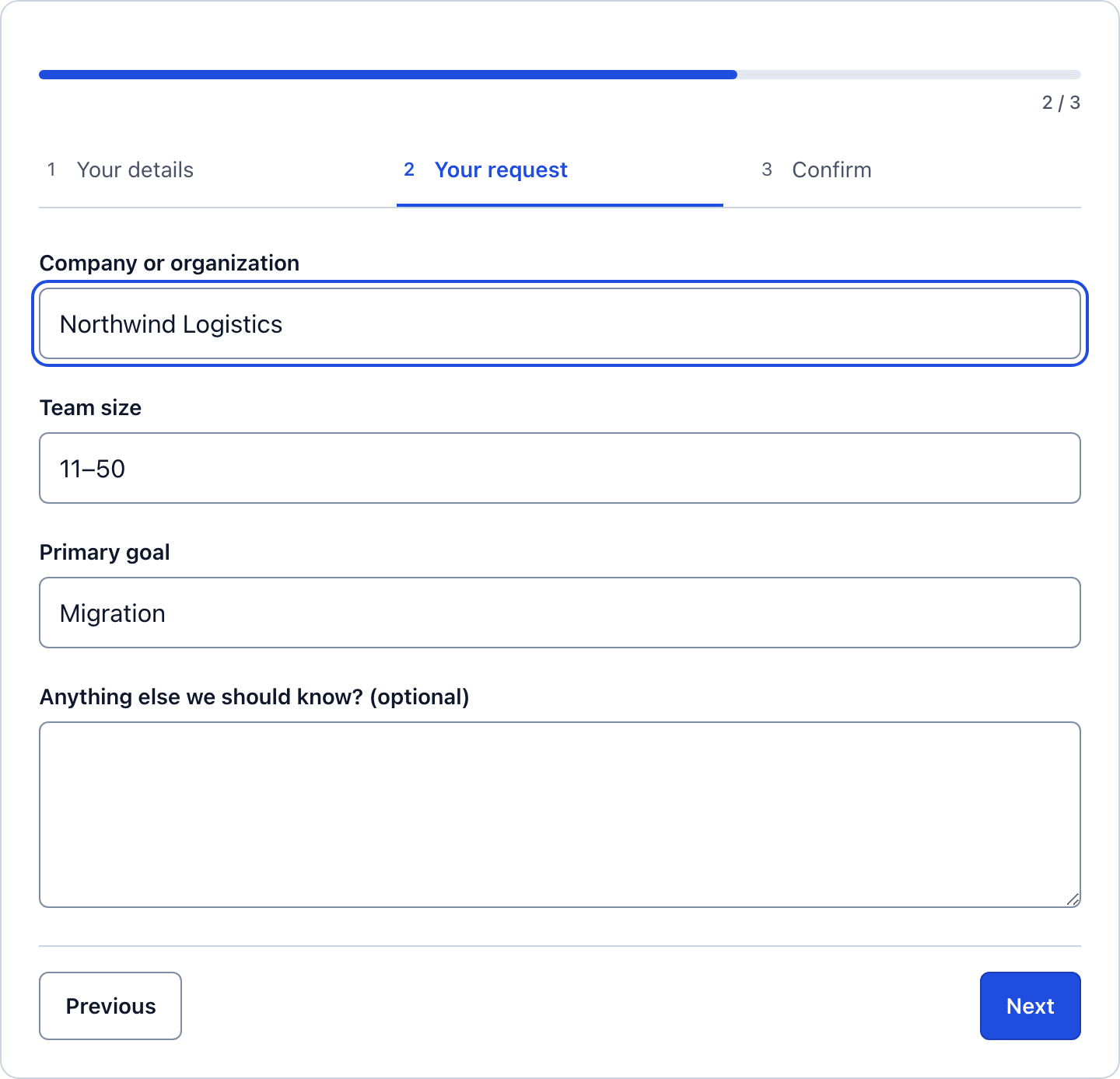 Step 2 of the demo request form with the company, team size, primary goal and message fields