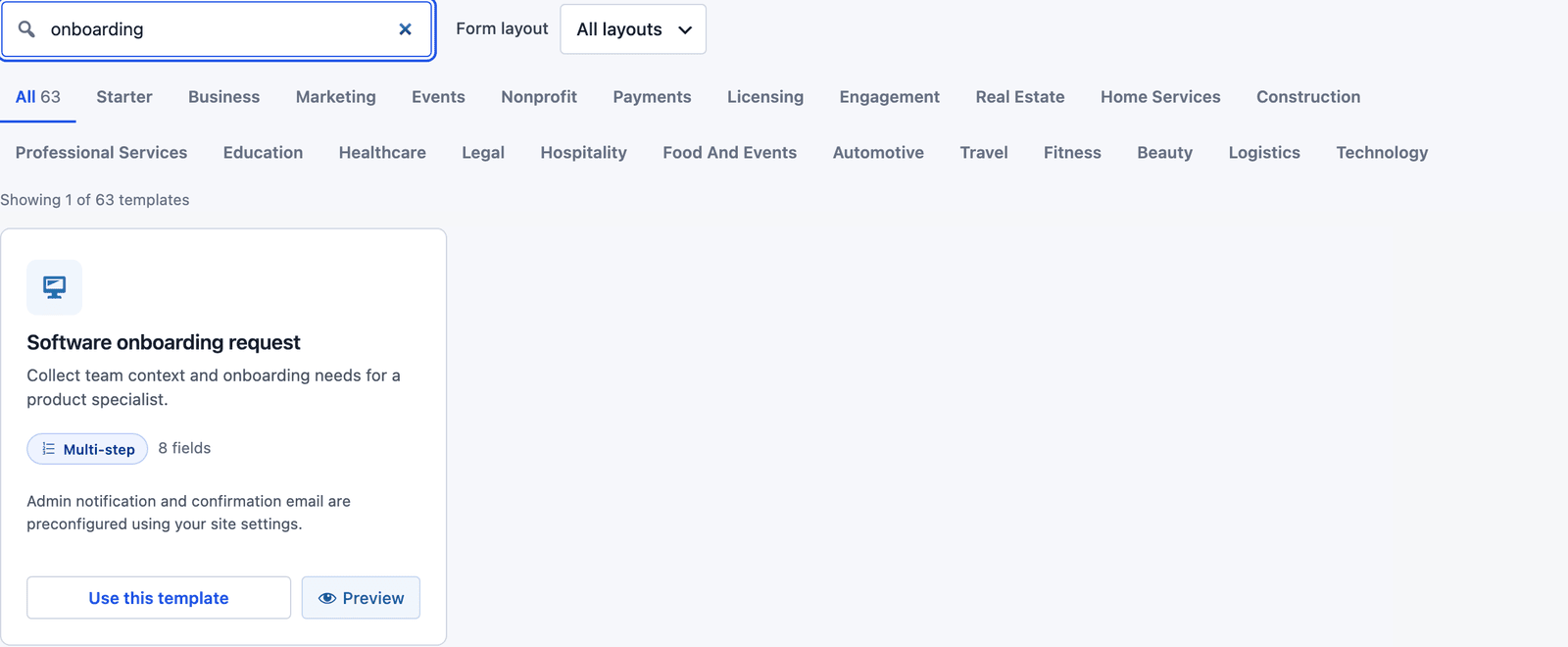 Core Forms template gallery searched for onboarding, showing the Software onboarding request template with its Multi-step badge