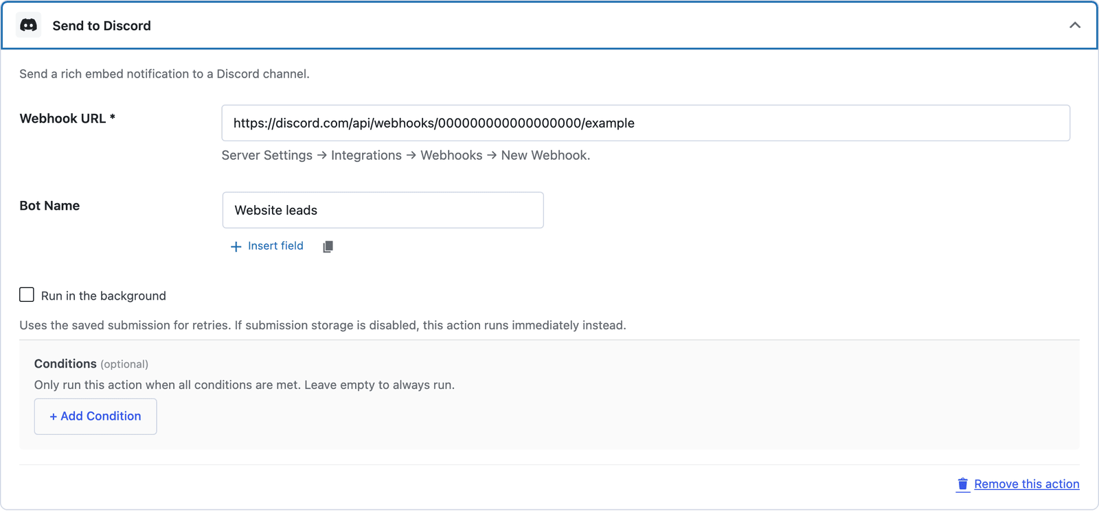 The Send to Discord action with a webhook URL and the bot name set to Website leads