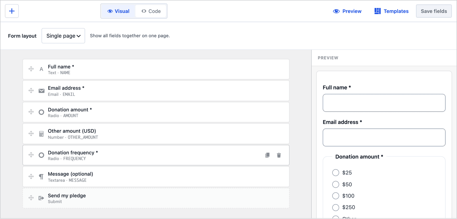 Core Forms builder for the multi-step Donation form with two steps, Your details and Request details