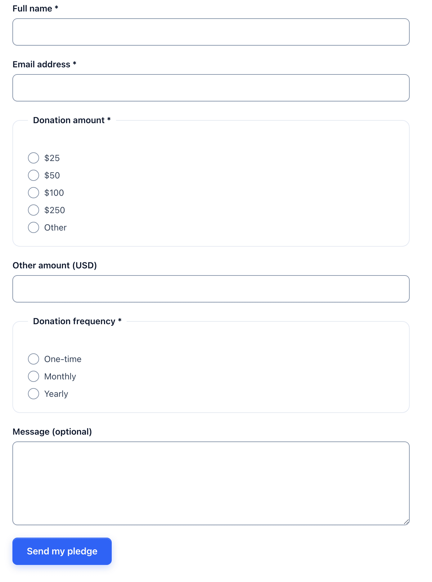 The donation pledge form on a page with name, email, amount choices, other amount, frequency, message and a Send my pledge button