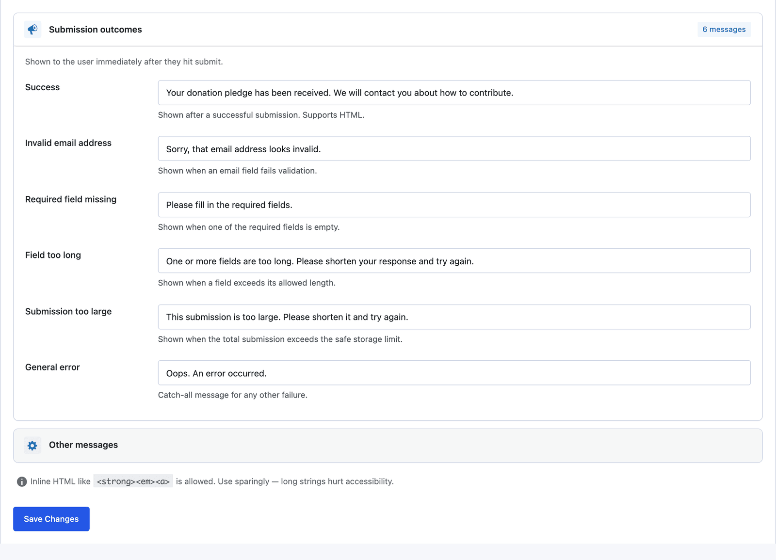 The Messages tab of the Donation form with the success message saying the pledge has been received and you will be in touch about how to contribute