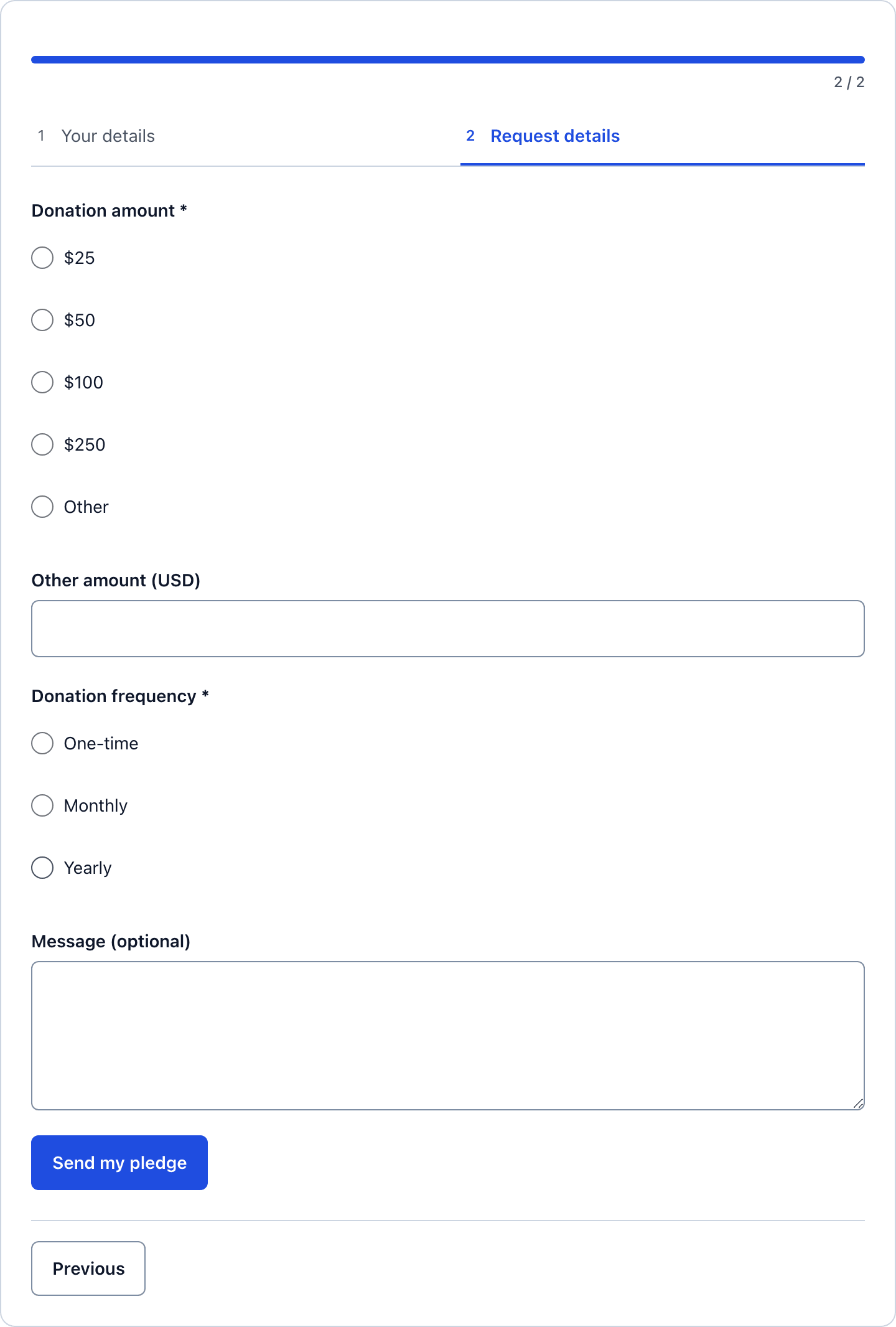 Step 2 of the multi-step donation form with the amount choices, other amount, frequency and message