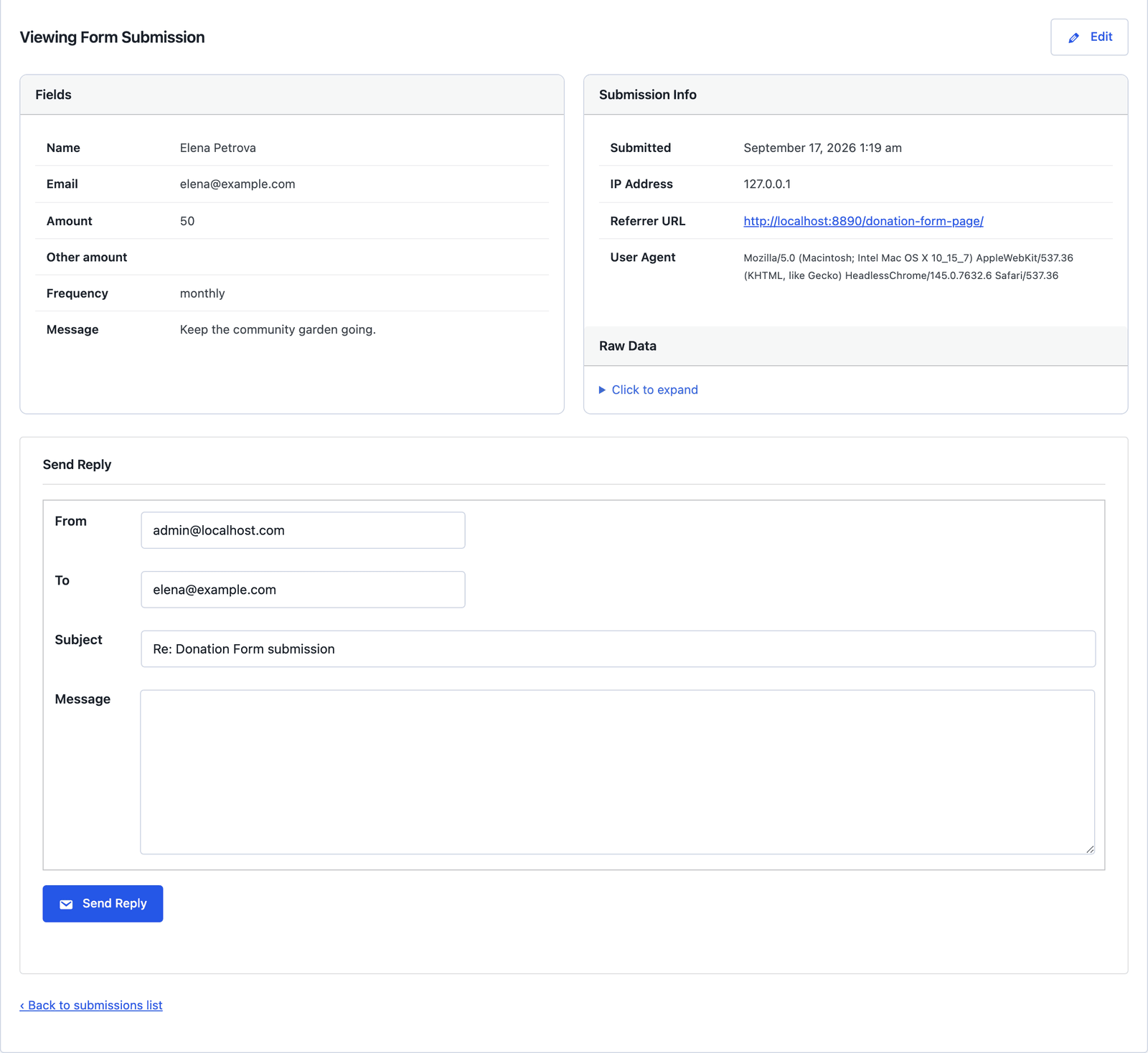 A single donation pledge showing the fields, submission info and the Send Reply box