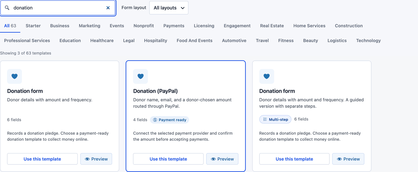 Core Forms template gallery searched for donation, showing the Donation form, its multi-step version and the Donation (PayPal) template