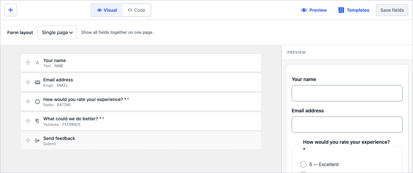 Core Forms builder showing the Feedback form fields: name, email, rating and what could we do better, with a live preview