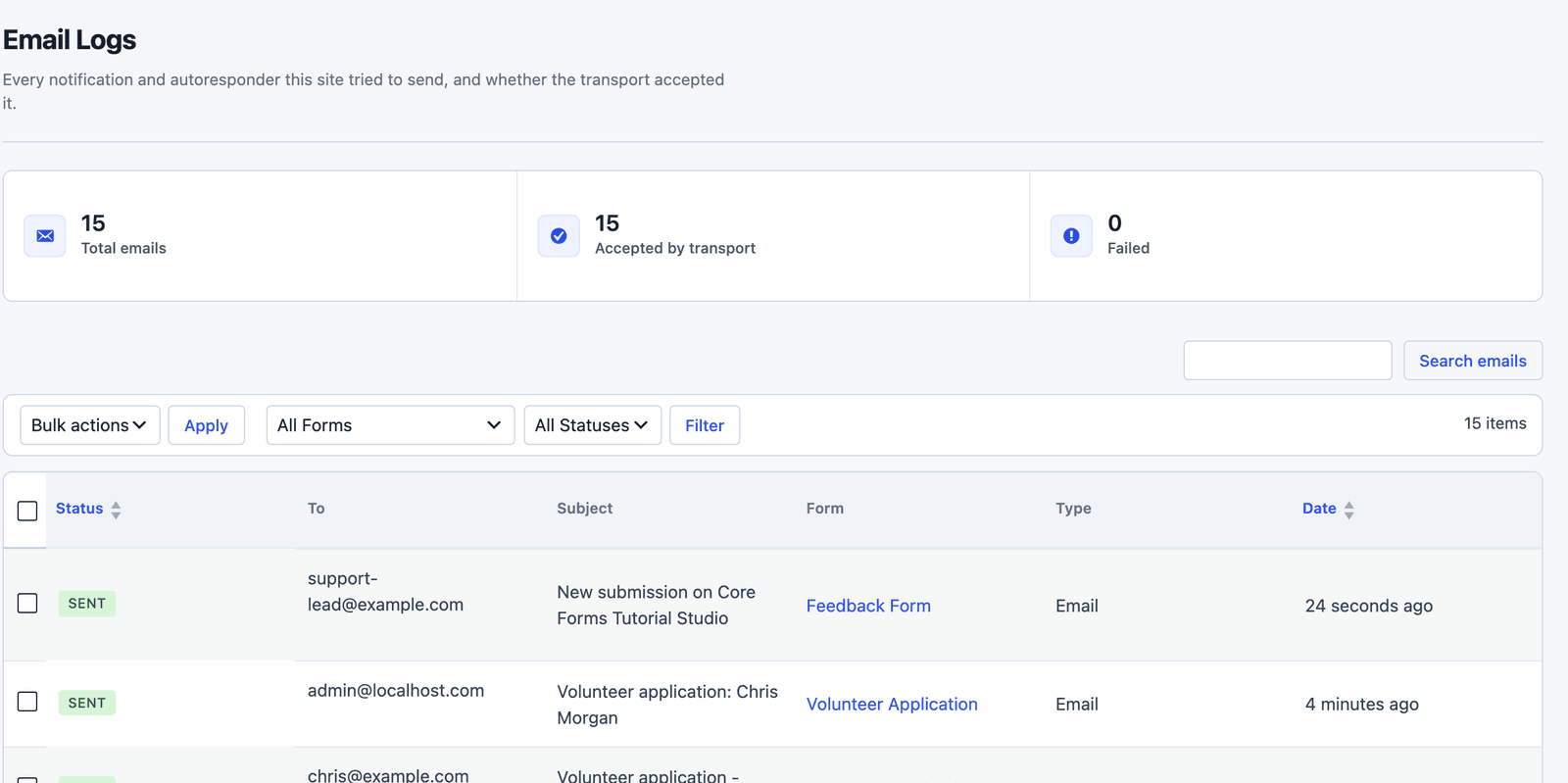 Core Forms Email Logs with the newest notification from the Feedback Form sent to support-lead@example.com