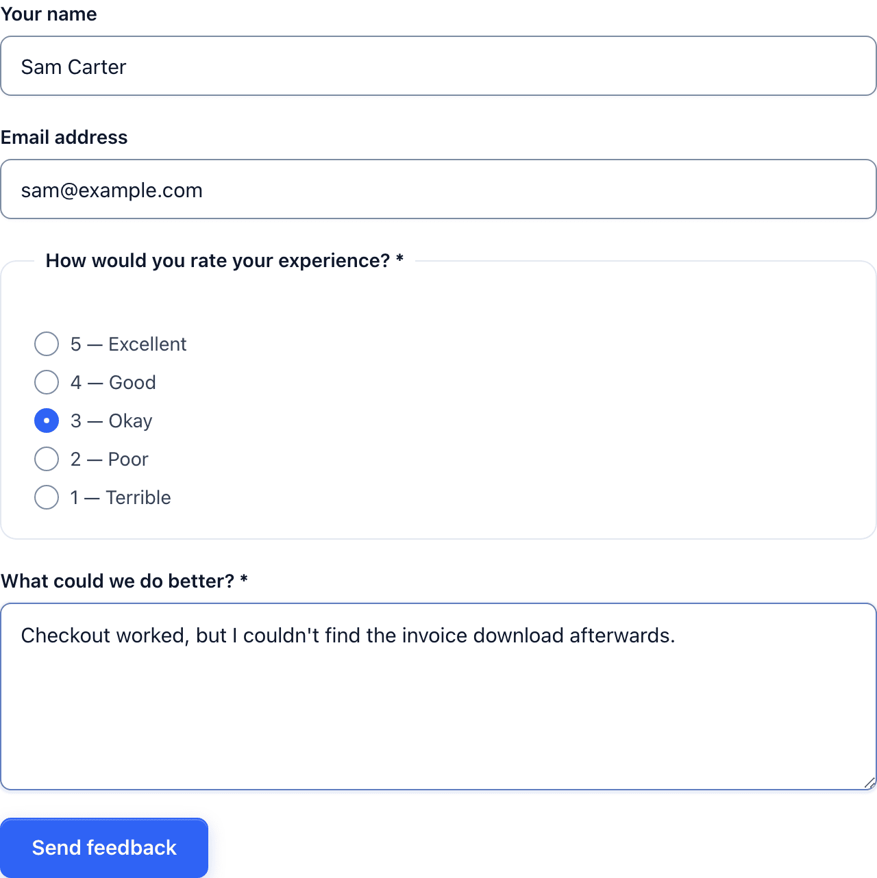 The published feedback form with a rating of 3 selected and a comment about a missing invoice download