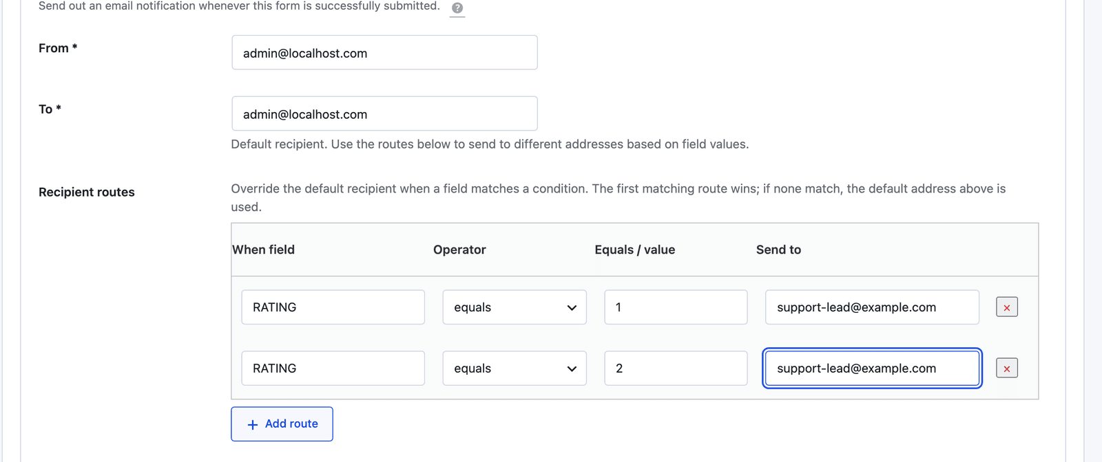 Core Forms Send Email action with two recipient routes sending ratings of 1 and 2 to support-lead@example.com