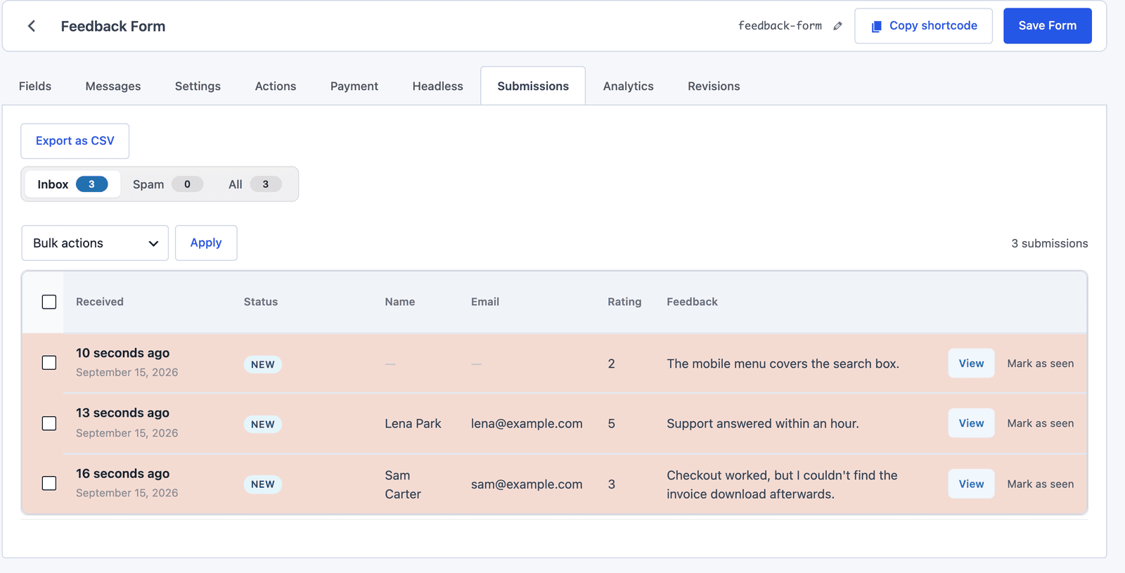 Core Forms Submissions tab for the Feedback Form showing three responses with ratings of 2, 5 and 3