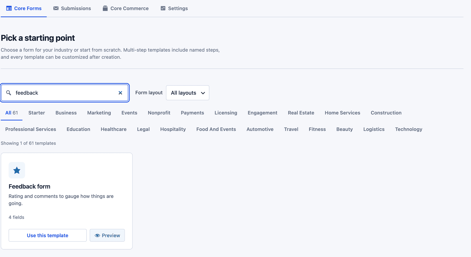 Core Forms template gallery searched for feedback, showing the Feedback form template with 4 fields