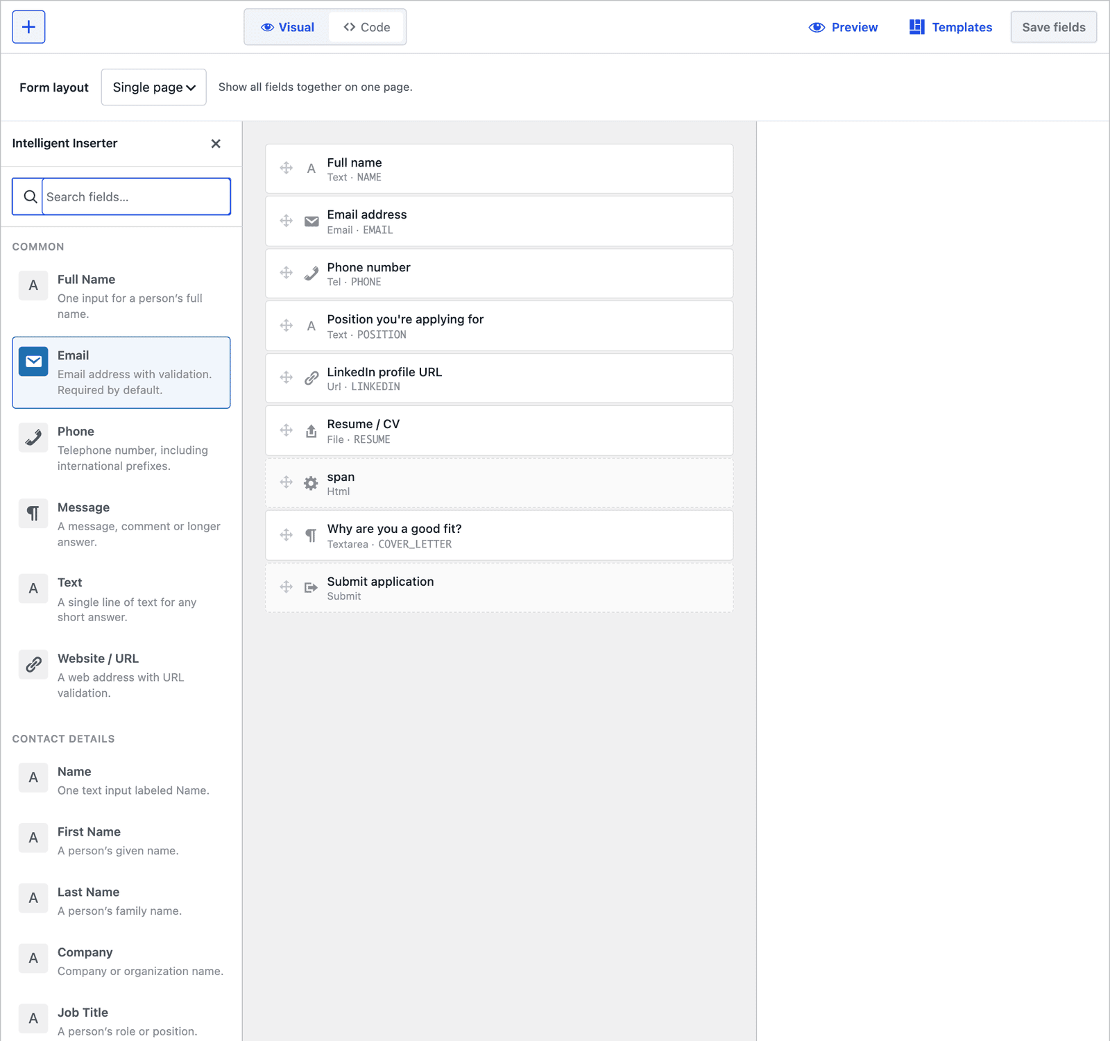 The Core Forms builder with the field inserter open, listing the field types including File upload