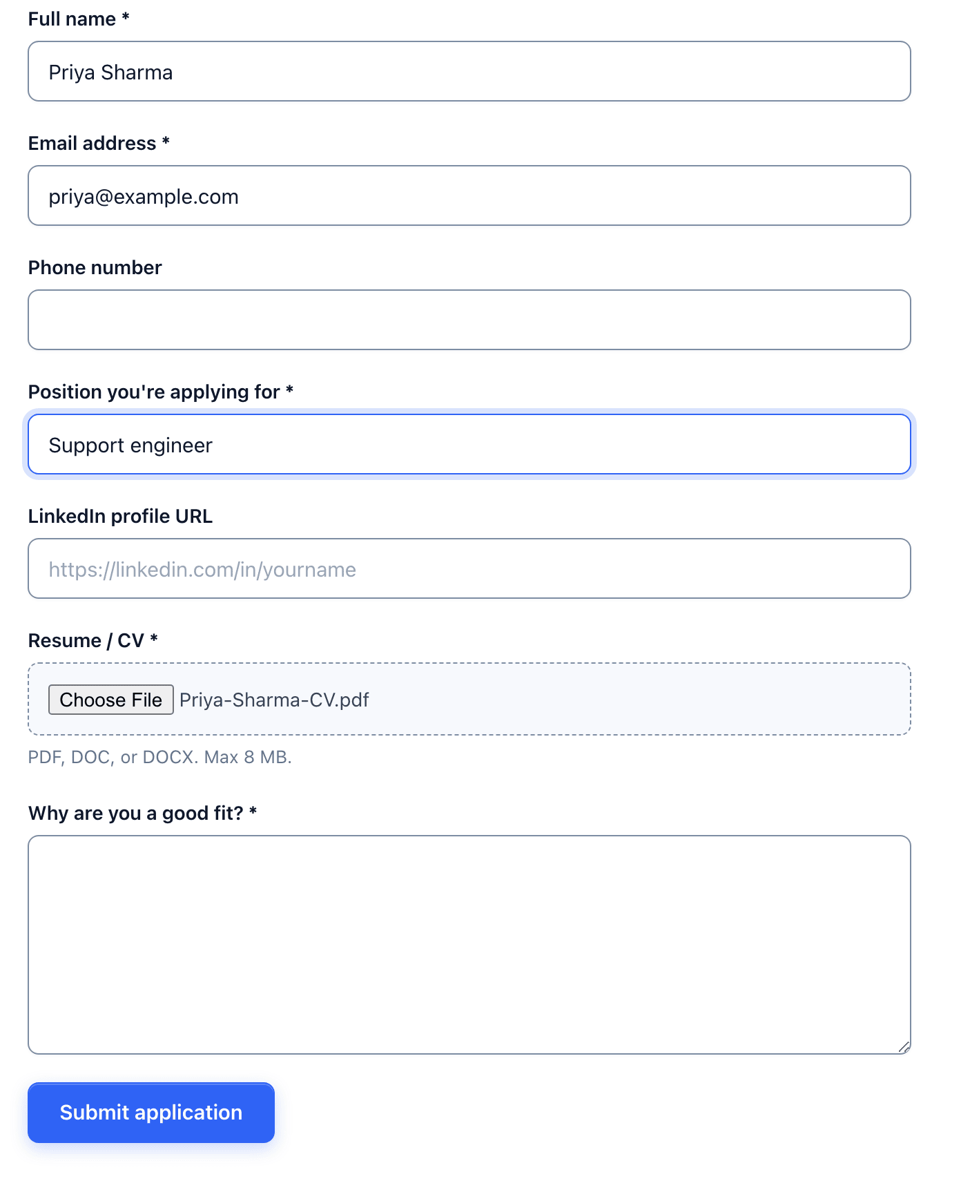 The job application form with a name, email and position filled in and a PDF chosen in the Resume / CV field, with the help text stating the accepted types and the 8 MB limit