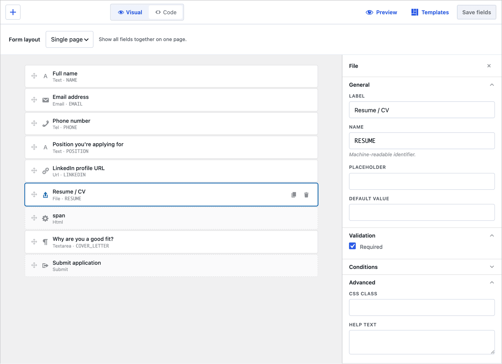 The builder with the Resume / CV file field selected, showing the inspector's label, name, required and help text settings