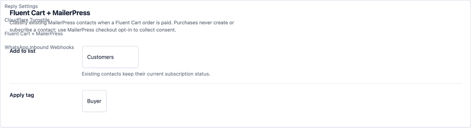 The Fluent Cart + MailerPress settings in Core Forms, with Add to list set to Customers and Apply tag set to Buyer