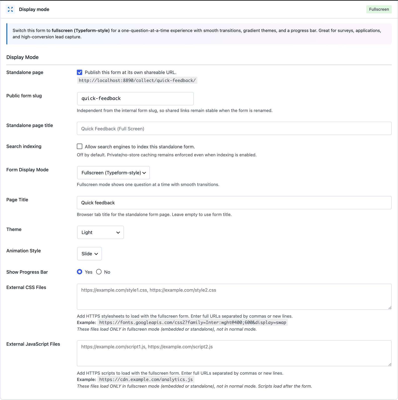 Core Forms Display mode settings with the standalone page enabled, the public slug quick-feedback and Fullscreen Typeform-style selected