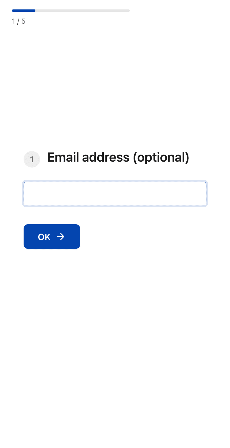 The full-screen form on a phone showing the first question, the answer box and the OK button