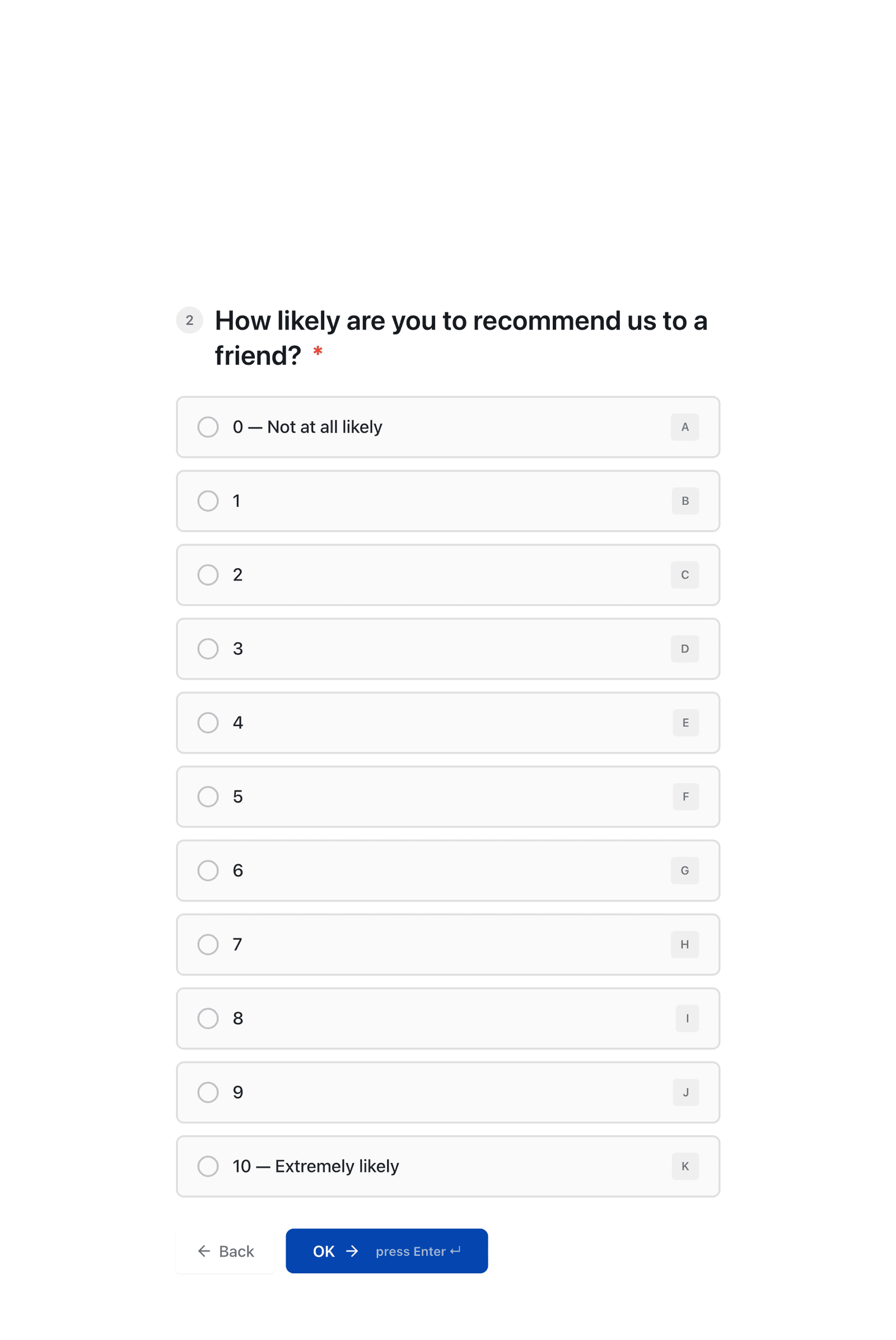The full-screen NPS question with eleven answer cards labeled A to K and Back and OK buttons